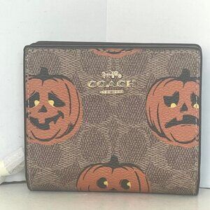 Coach Snap Wallet ID CCR19 Signature Canvas Halloween Pumpkin Print Leather
